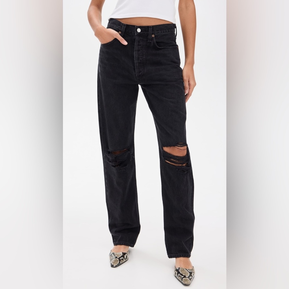 Agolde Black High-Rise Distressed Straight Jeans